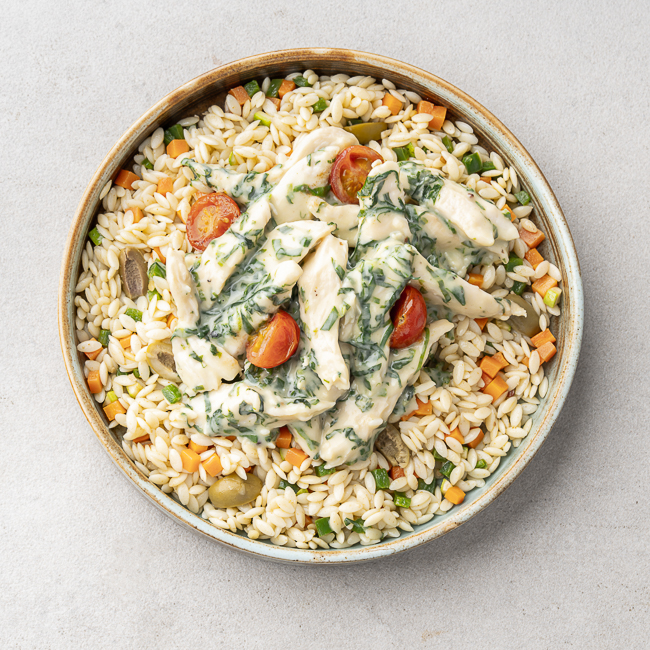 Creamy Chicken & Spinach with Olive Orzo